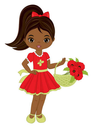 Beautiful Cute African American Girl Holding Basket of Red Poppies. Vector Black Girl with Poppiesのイラスト素材