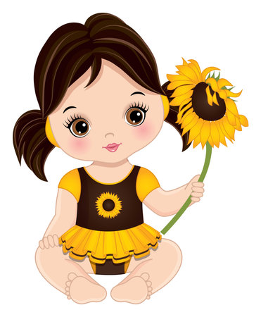 Cute Little Baby Girl Holding Sunflower. Vector Baby Girl with Sunflowerのイラスト素材