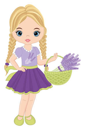 Beautiful Cute Girl Holding Basket of Lavender. Vector Blond Girl with Lavenderのイラスト素材
