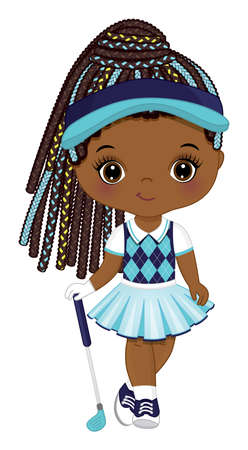 Cute Little African American Girl Playing Golf. Vector Little Girl Golferのイラスト素材