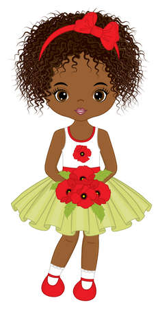 Beautiful Cute African American Girl Holding Bouquet of Red Poppies. Vector Black Girl with Poppiesのイラスト素材