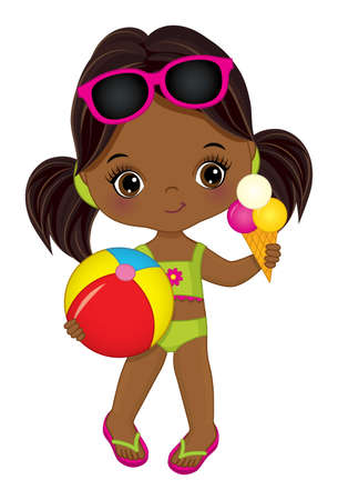 Cute Little African American Girl Holding Beach Ball and Ice Cream. Vector Cute Black Girl Having Pool Partyのイラスト素材