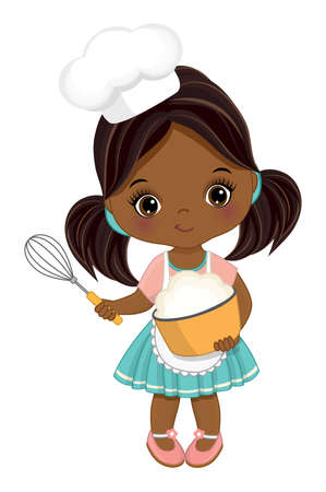 Cute Little Black Girl Wearing Chefs Toque Mixing Flour in Bowl. Vector Cute Little Chefのイラスト素材