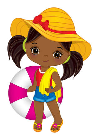 Cute Little African American Girl Holding Lifebuoy and Beach Towel. Vector Cute Black Girl Having Pool Partyのイラスト素材