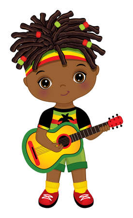 Cute Little Reggae African American Boy Wearing Rastafarian Outfit Playing Guitar. Vector Reggae Black Boy with Guitarのイラスト素材