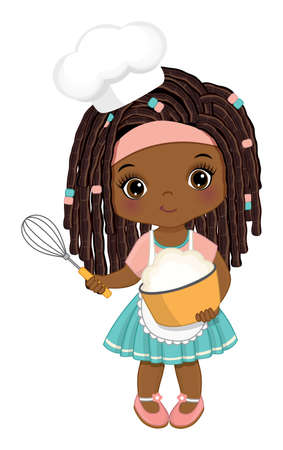 Cute Little Black Girl Wearing Chefs Toque Mixing Flour in Bowl. Vector Cute Little Chefのイラスト素材
