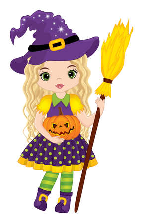 Cute Witch Holding Broomstick and Pumpkin. Vector Halloween Witchのイラスト素材