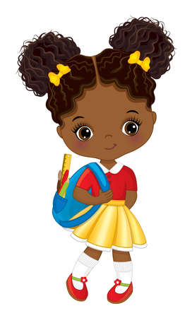 Cute Little School African American Girl Holding Rucksack with Accessories. Vector Cute School Black Girlのイラスト素材