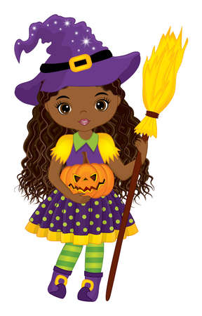 African American Cute Witch Holding Broomstick and Pumpkin. Vector Halloween Witchのイラスト素材