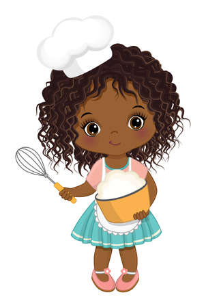 Cute Little Black Girl Wearing Chefs Toque Mixing Flour in Bowl. Vector Cute Little Chefのイラスト素材