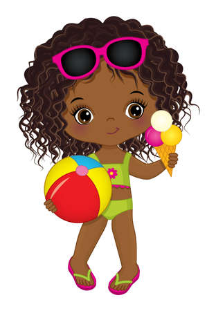 Cute Little African American Girl Holding Beach Ball and Ice Cream. Vector Cute Black Girl Having Pool Partyのイラスト素材