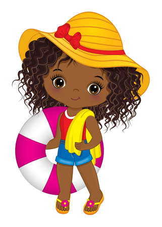 Cute Little African American Girl Holding Lifebuoy and Beach Towel. Vector Cute Black Girl Having Pool Partyのイラスト素材