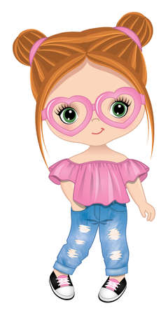 Cute Little Girl Wearing Ripped Jeans, Pink Top and Heart Shape Glasses. Vector Fashion Cute Girlの写真素材