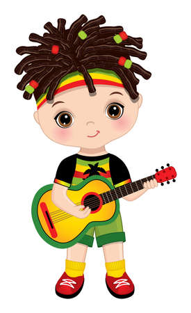 Cute Little Reggae Boy with Dreadlocks Wearing Rastafarian Outfit Playing Guitar. Vector Cute Reggae Boy with Guitarのイラスト素材