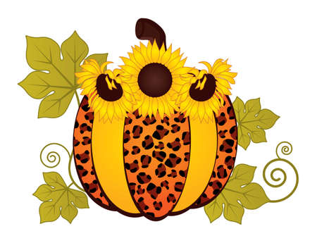 Sunflower Pumpkin Leopard. . Vector Cute Leopard Pumpkin with Sunflowerのイラスト素材