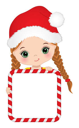 Cute Little Girl Holding Christmas Candy Frame to Customise Your Text. Vector Redheaded Girl with Bannerのイラスト素材