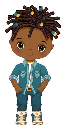 Vector Cartoon Afro Boy Wearing Denim Outfitのイラスト素材