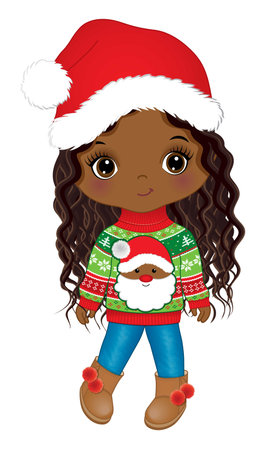 Vector Image of Cute Afro Girl in Santa Claus Hatのイラスト素材