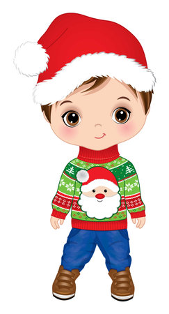 Vector Image of Cute Cartoon Boy in Santa Claus Hatのイラスト素材