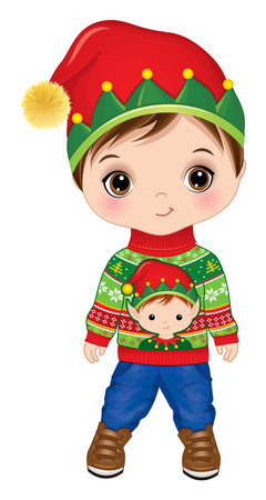 Vector Boy Wearing Elf Hat and Christmas Sweaterのイラスト素材