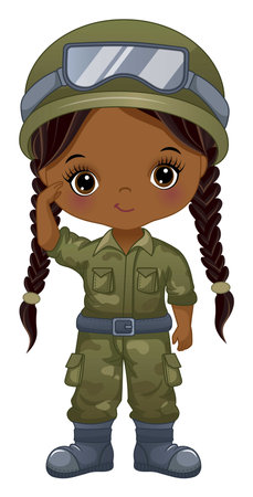 Vector Cartoon Military Girl. Vector Afro Soldierのイラスト素材