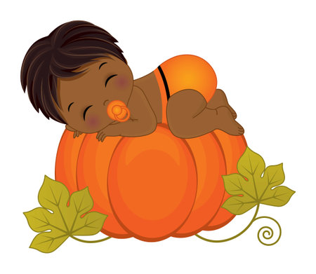 Vector Cute Little African American Baby boy Wearing Orange Diaper Sleeping on Pumpkinのイラスト素材