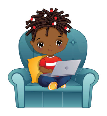 Vector Little African American Boy with Laptopのイラスト素材