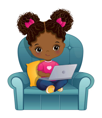Vector Cartoon Cute African American Girl with Laptopのイラスト素材