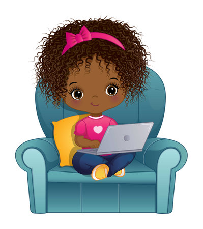 Vector Cartoon Cute African American Girl with Laptopのイラスト素材