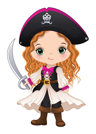 Cute Little Pirate Girl in Corset Dress and Hat Holding Swordのイラスト素材