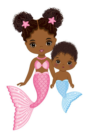 Cute Illustration of African American Mermaid Family. Vector Black Mermaidsのイラスト素材