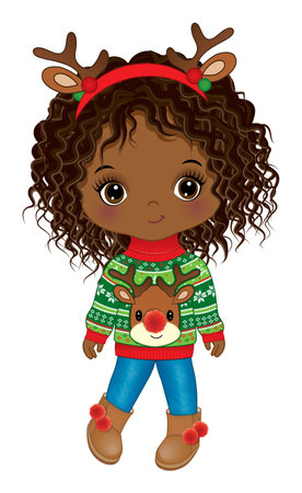 Vector Cute Little African American Girl in Christmas Sweaterのイラスト素材