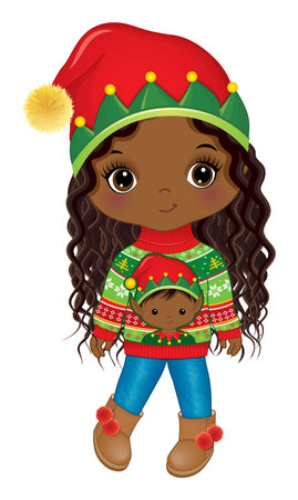Vector Cute Black Girl Wearing Elf Hat and Christmas Sweaterのイラスト素材