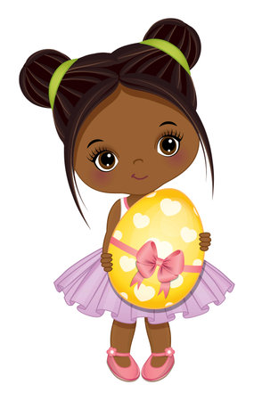 Cute Little African American Girl Holding Easter Egg. Vector Easter Black Girlのイラスト素材