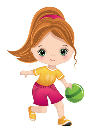 Vector Cute Little Girl Playing Bowlingのイラスト素材