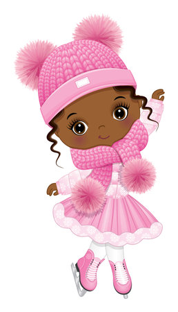 Vector Cute Little Black Girl Ice Skatingのイラスト素材