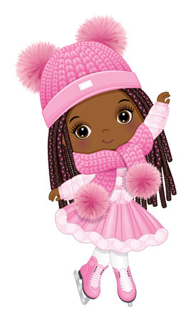 Vector Cute Little Black Girl Ice Skatingのイラスト素材