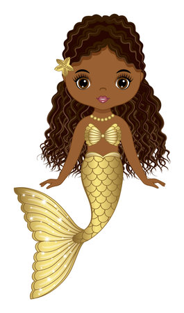 Beautiful African American Mermaid with Golden Fishtail. Vector Black Mermaidのイラスト素材