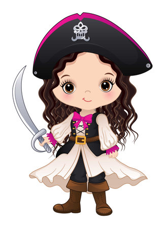 Vector Cute Little Pirate Girl in Corset Dress and Hat Holding Swordのイラスト素材