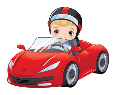 Vector Cute Little Boy Driving Racing Carのイラスト素材