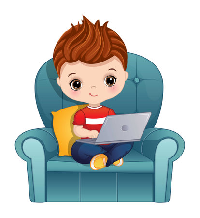 Vector Cartoon Cute Little Boy with Laptopのイラスト素材