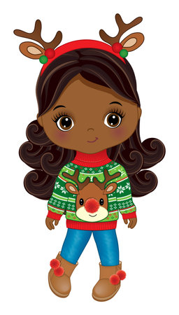 Vector Cute African American Girl in Christmas Sweaterのイラスト素材