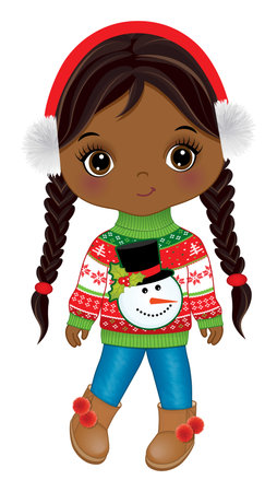 Vector Cute Black Girl in Christmas Sweaterのイラスト素材