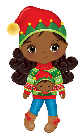 Vector Cute Black Girl Wearing Elf Hat and Christmas Sweaterのイラスト素材