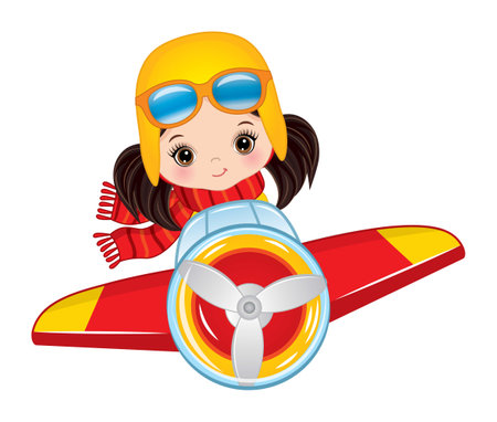 Vector Cartoon Little Pilot Girl in Airplaneのイラスト素材