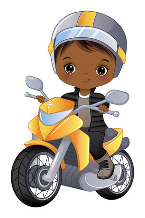 Vector Cartoon Black Boy Driving Motorbikeのイラスト素材