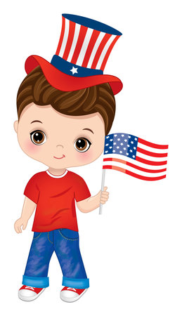 Vector Cute Little Boy Celebrating Independence Day of Americaのイラスト素材