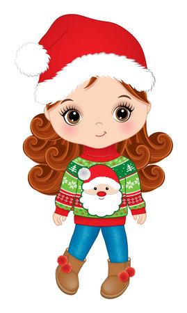 Vector Image of Cute Girl in Santa Claus Hatのイラスト素材
