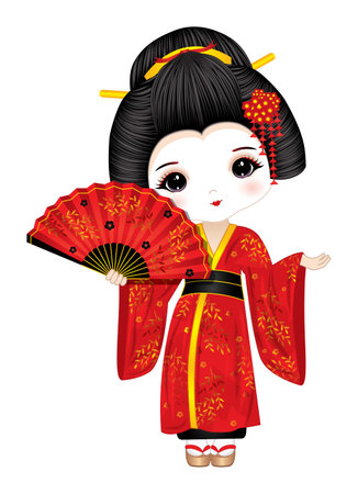 Vector Beautiful Geisha in Red Kimonoのイラスト素材