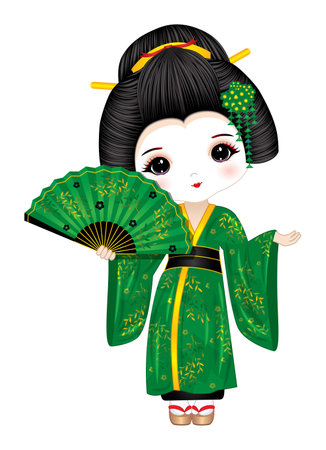 Vector Beautiful Geisha in Green Kimonoのイラスト素材